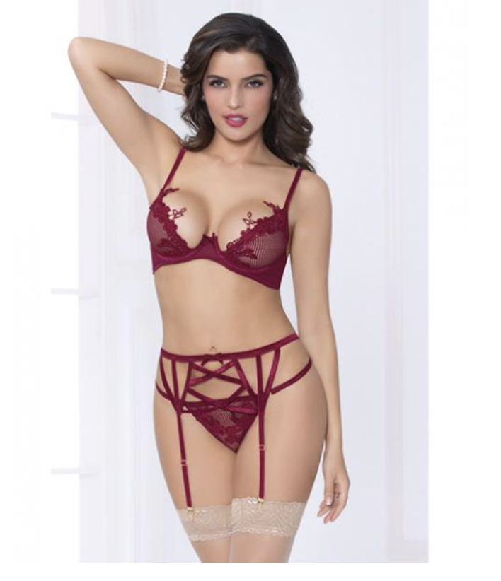 Netting Bra Lace Applique, Garter Belt & Thong Wine