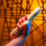 A soft female hand with a striking red manicure firmly holds a dildo