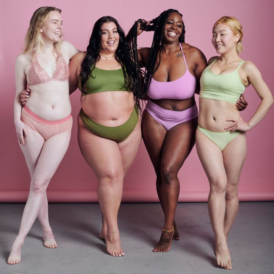 Group of women wearing different styles of lingerie